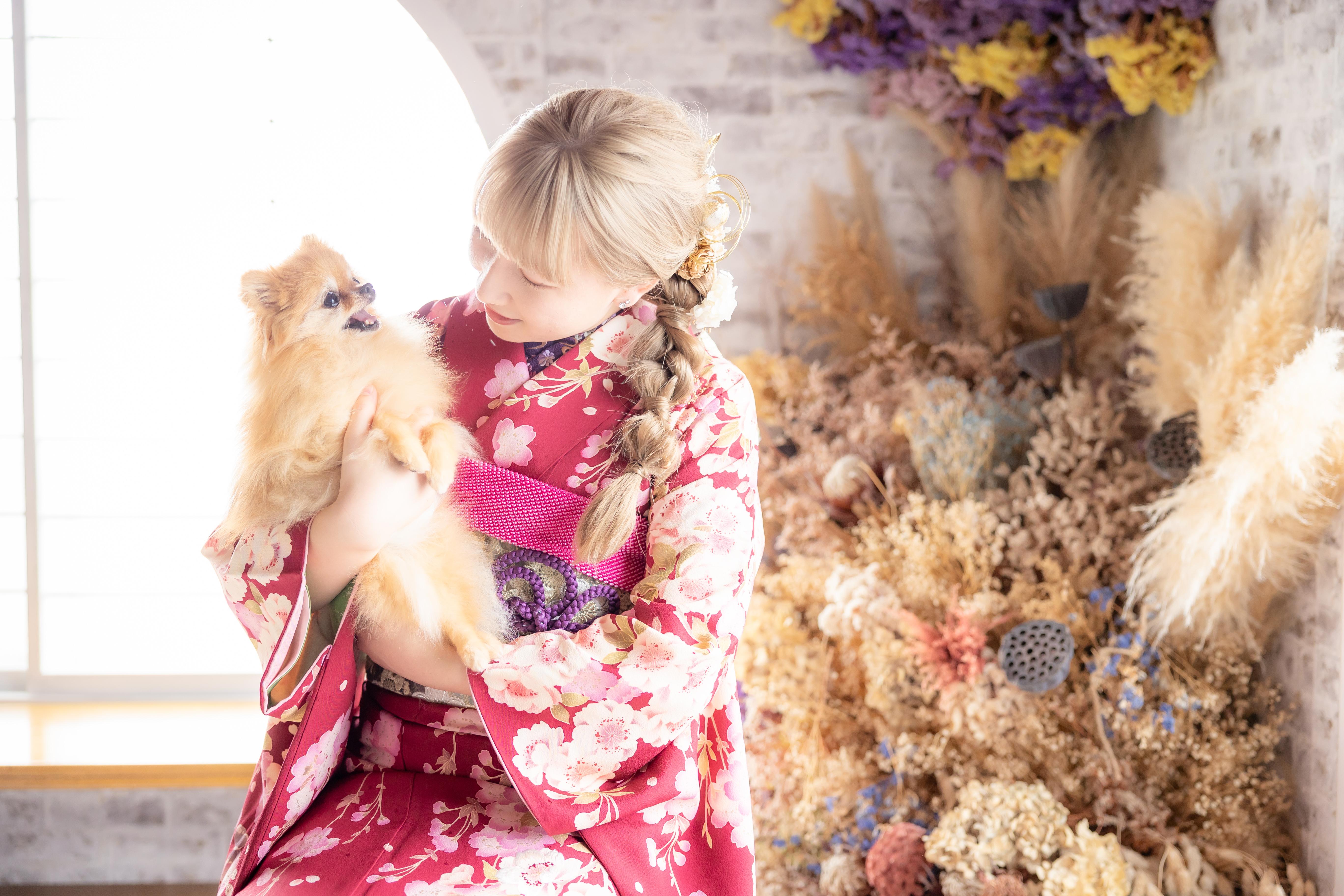 成人式の前撮り、愛犬と一緒に残せます